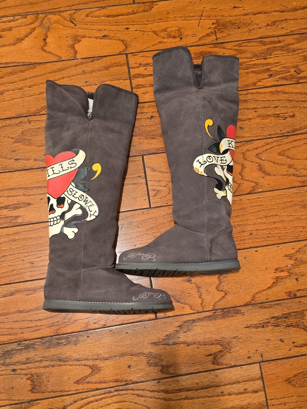 Ed Hardy Gray Suede Knee-High Boots with Heart & Skull Graphic
